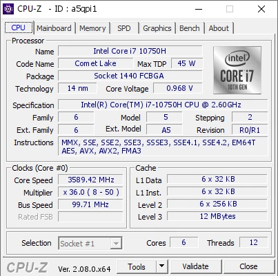 پردازنده اینتل Intel Core i7 10750H